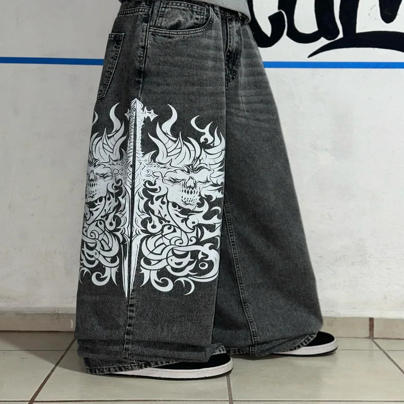Y2K Fashion Gothic Oversized Pattern Printing Old Baggy Jeans Men Harajuku Hiphop Casual Joker High Waist Wide Leg Pants 250809