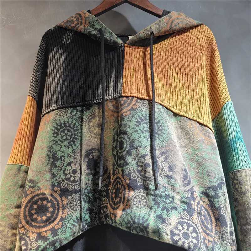 DEAT Women Hooded Pullover Patchwork Knitted Sweater Denim Printed Short Front Long Back Hoodie 2025 New Fashion Autumn 29A2289 L2510108ALU