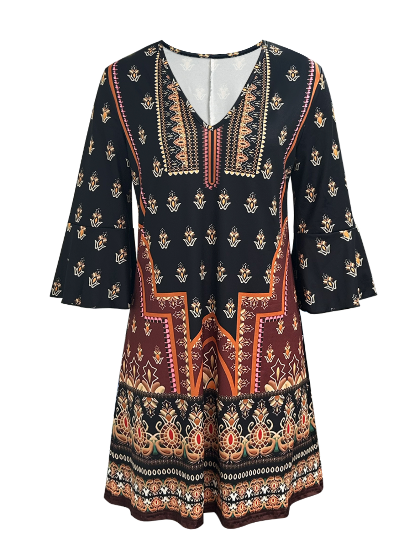 Women's Autumn New Ethnic - Style Printed Dress - Elegant & Casual Office - Wear Black Dress-CF53946