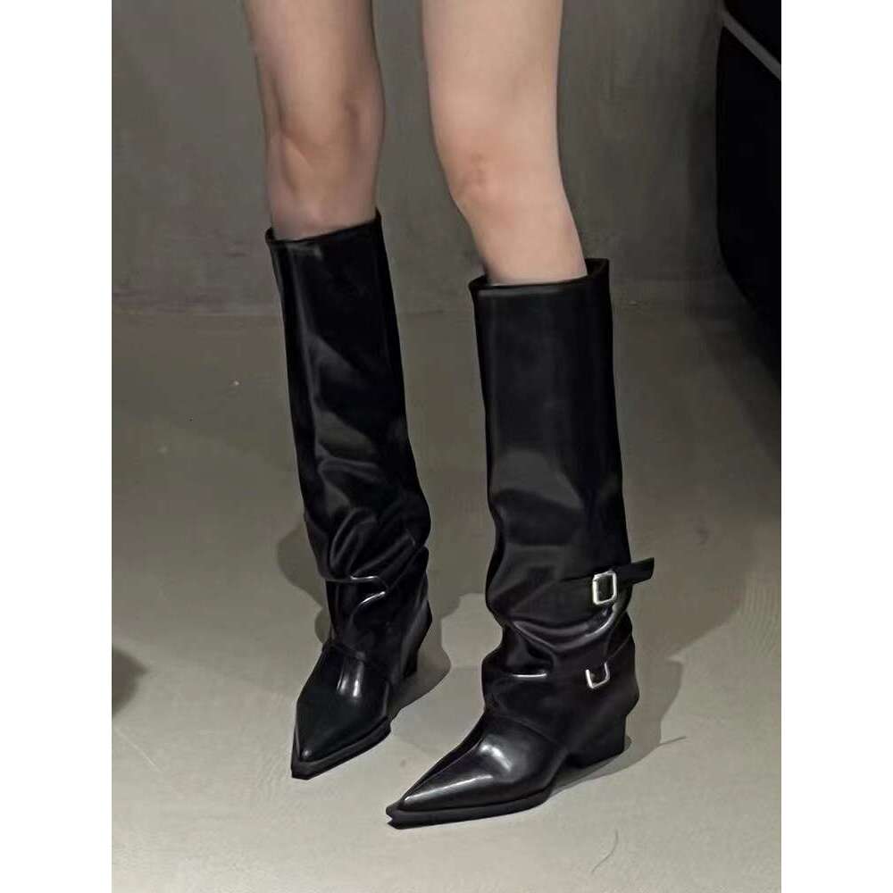Designer Shoe White High Pants for Women, Chunky Heel Pointed Toe Over-the-Knee Long Boots with Belt Buckle