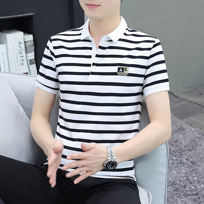 Summer Men's Turn-down Collar Striped Short Sleeve T-shirt Polo Shirt Designer Hoodie High-end Designer Shirt Slim Fit Men's Casual Half Sleeve Tee