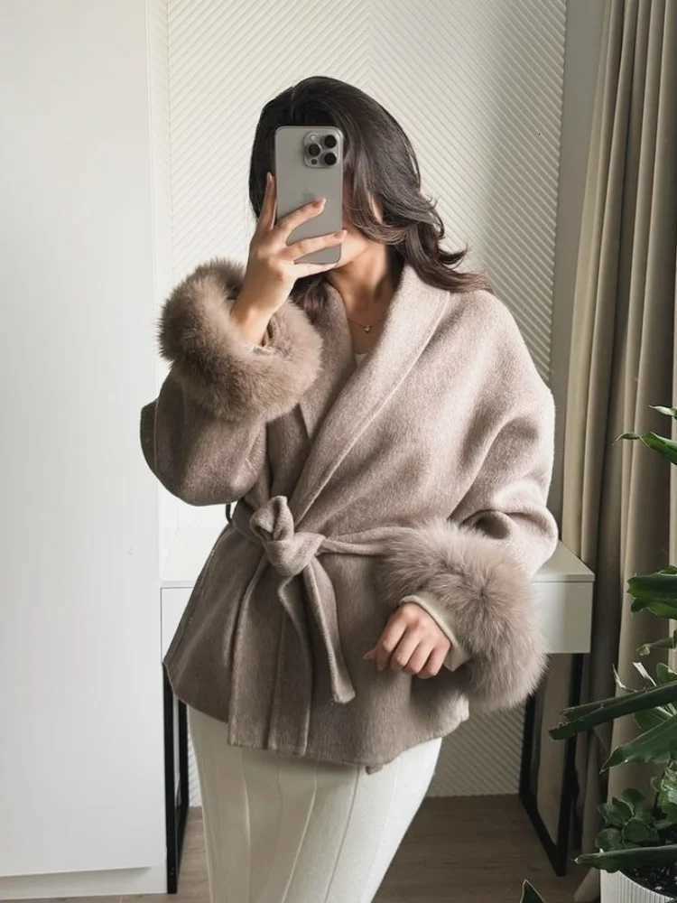 Solid Lace Up Woolen Short Coat Women Ele Loose Lapel Furry Belt Long Sve Jacket 2025 Autumn Lady Comter OutwearXJ251011
