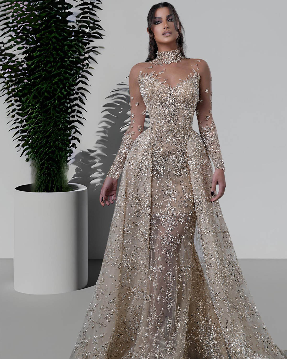 Glamorous Sequins Bridal Gowns High Neck Long Sleeve Sheer Mermaid Wedding Dresses Beadeds Formal Customized Dresses