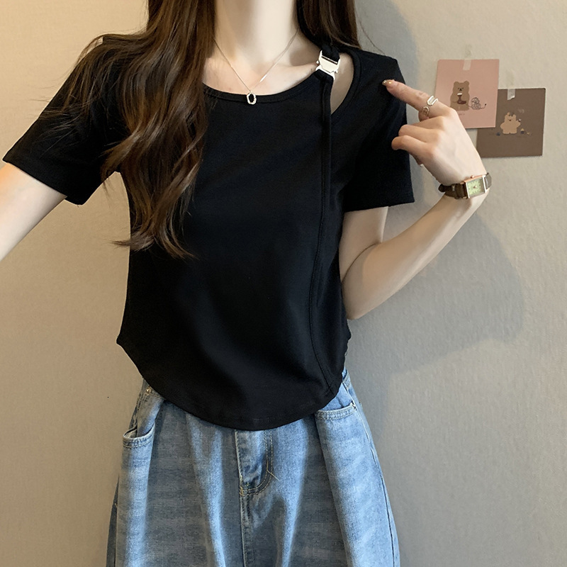 Plus Size Irregular Short Sleeve T-shirt For Women Summer Belly Covering Slimming Design Sense Right Shoulder Designer Shirt Pure Desire Designer Hoodie Short Top