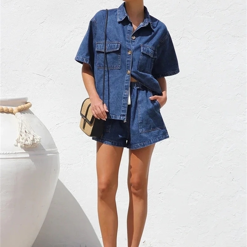 Retro Street Cowboy Set Womens Short Sleeve Button Loose Comfortable Shirt Two Piece High Waist Shorts 250228