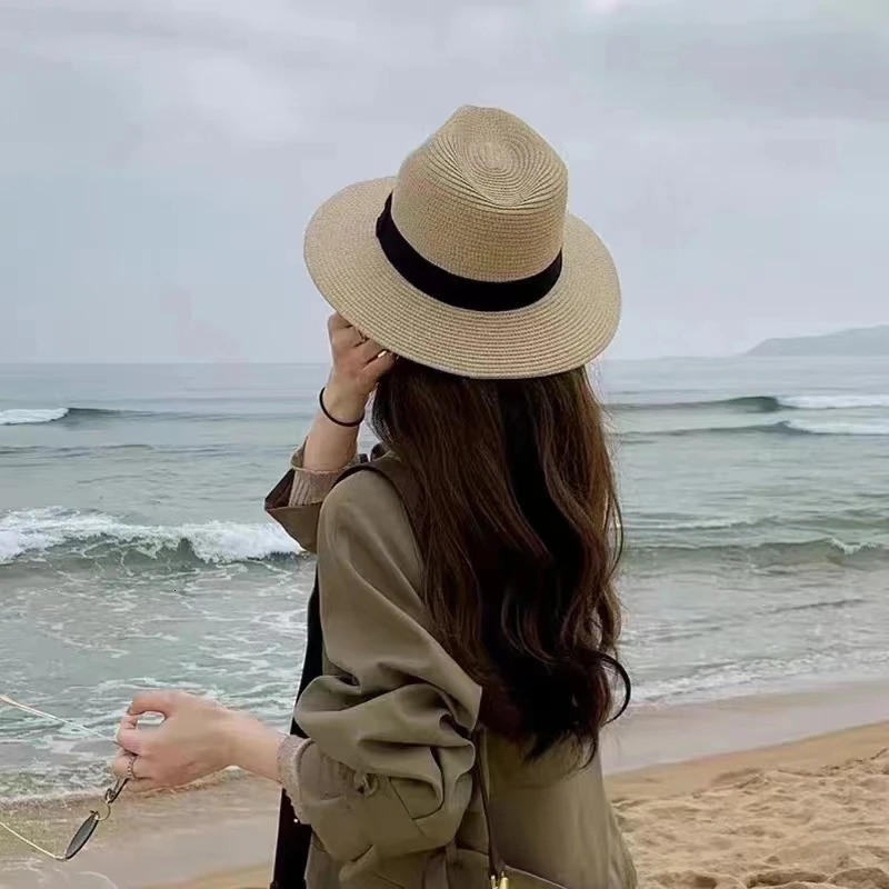 Large Size 5557 6162cm Natural Panama Straw Hat Summer Men Women Wide Brim Beach UV Protection Fedora Sun Hat Wholesale 251010