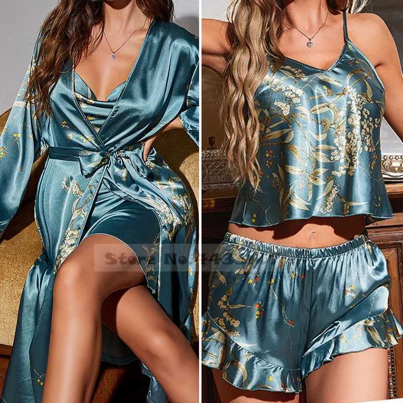 Spring Summer New Female Pajamas 4Pcs Set Print Cherry Sleepwear Kimono Bathrobe Gown Loose Satin Home Clothes Loungewear Pyjama Y251010