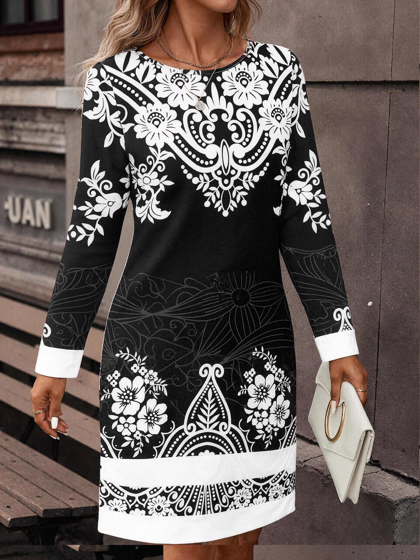 Women's Vintage Paisley Floral Printed Dress - Elegant Sheath Party & Casual Black Dress-CF41429