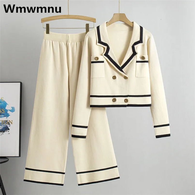 Korean Knitted Sweater Short Top Set High Waist Wide Leg Pants Casual and Fashionable Spring Conjunto Soft 2piece 241008