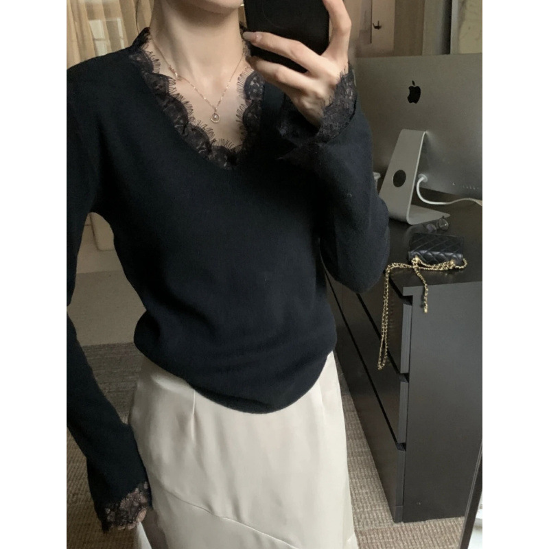 2025 Autumn/Winter New Top Lace V-neck Long sleeved Knitted Sweater Designer Luxury design Jacket Basic Shirt Autumn/Winter New Inner Basic Shirt Swea