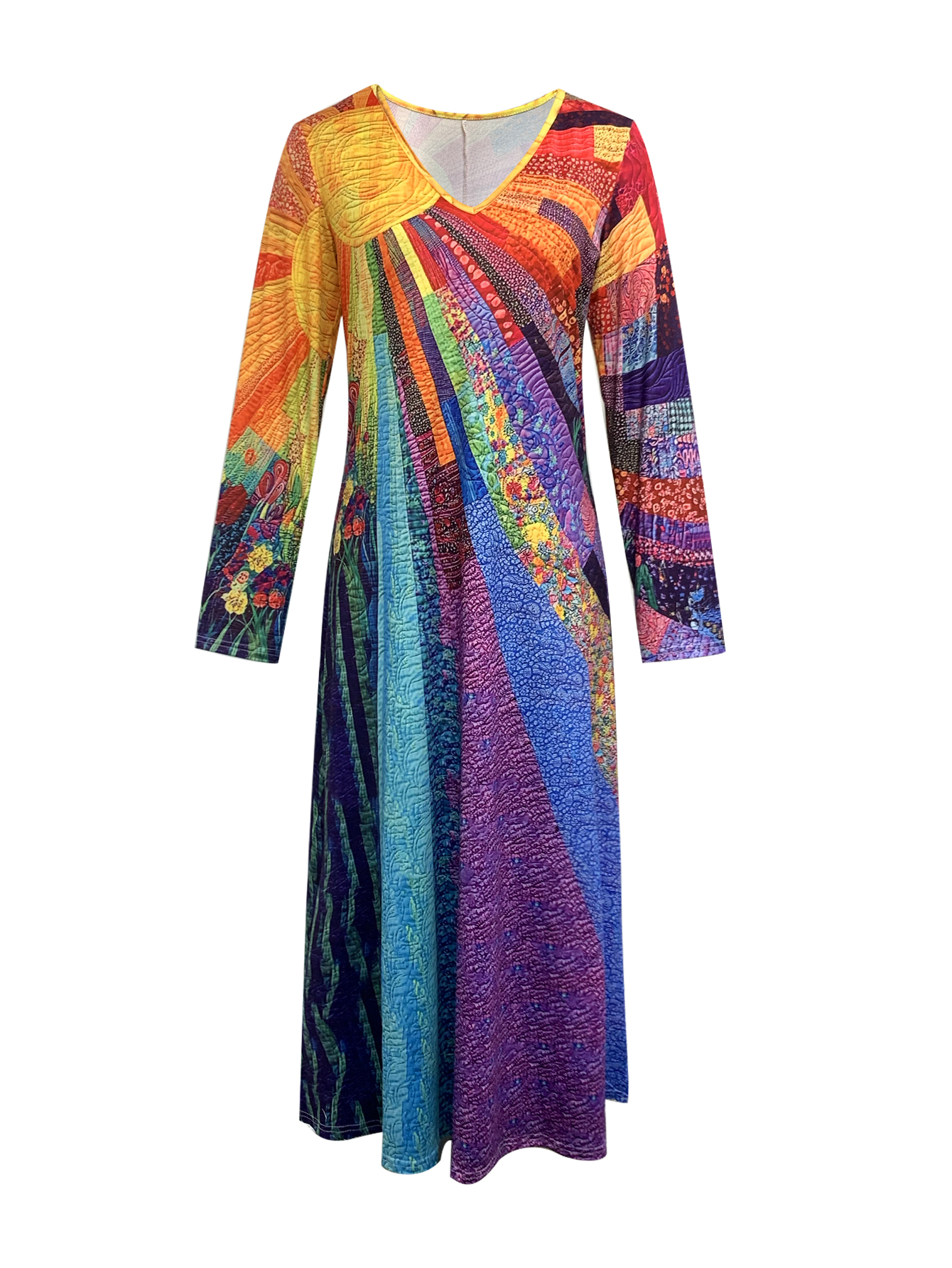 Women's Autumn New Vacation Plant - Printed V - Neck Maxi Dress - Elegant & Casual Mixed - Color Dress-CF50930