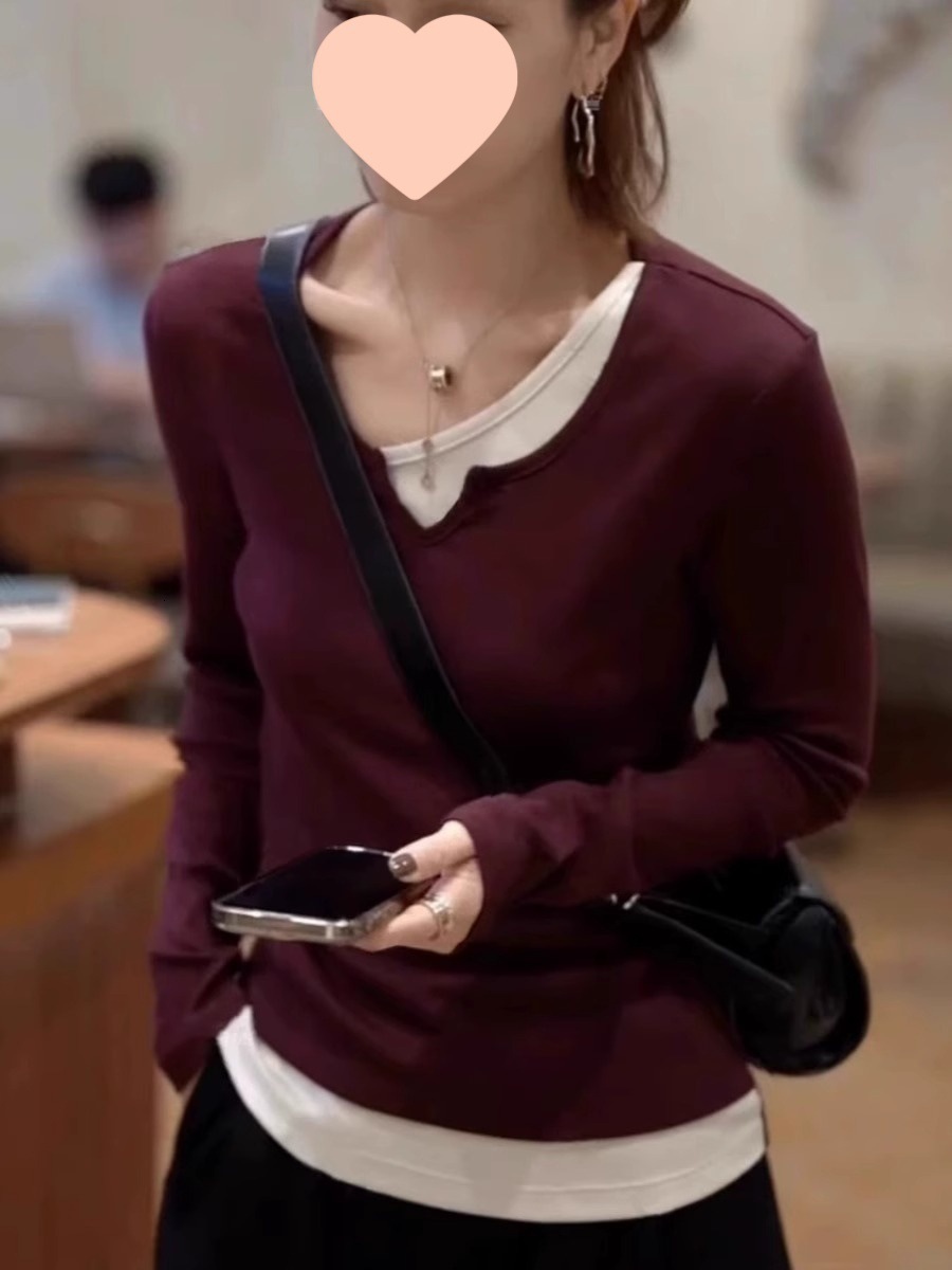 Right Shoulder Designer Shirt Long Sleeve Shirt Women's Early Autumn 2025 New Two-piece Top Fashionable And Designer Hoodie Stylish Inner Layer Base Shirt Maroon
