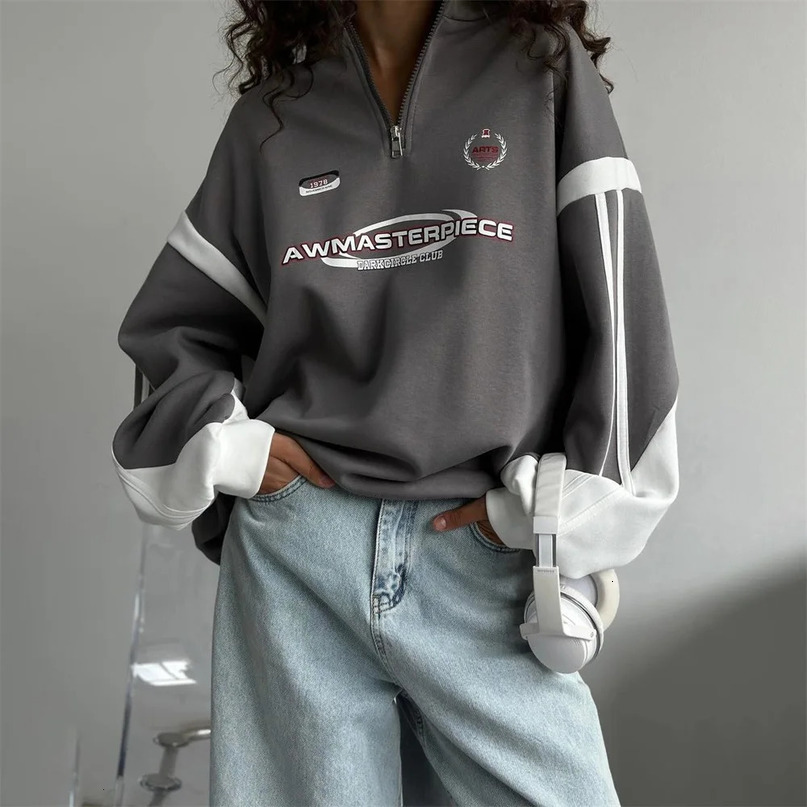 Bomber Jacket Vintage Harajuku Hoodies Wonem Long Sleeves Half Zipper Sweatshirt Trendy Street Casual Loose Pullover 241203