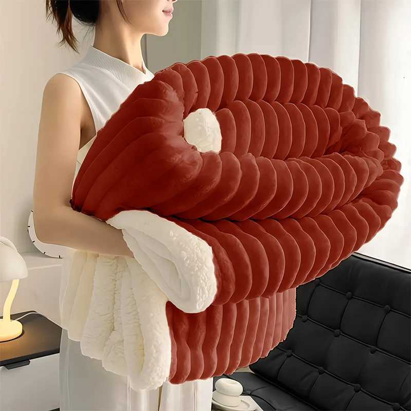 1pc Weighted Sherpa Fleece Blanket Soft Warm Faux Rabbit Fur Softness Beige White Striped Contemporary Bedspread for Bed C251011