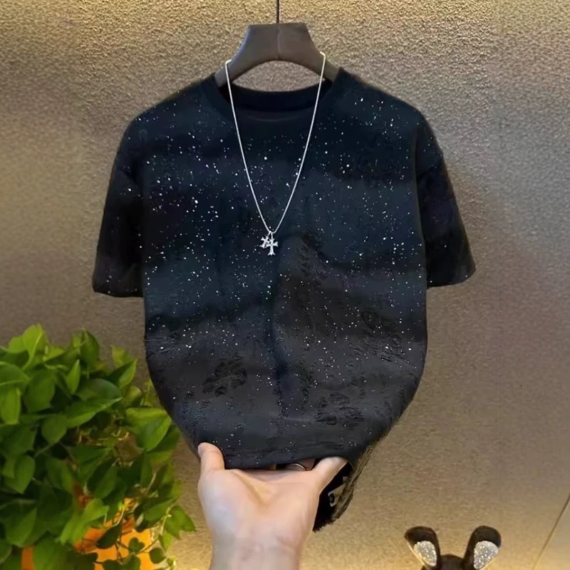 Summer New Luxury High-quality Men's Starry Designer Hoodie Sky Short Sleeve T-shirt Trendy Sequin Gradient Distressed Designer Shirt Crew Neck T