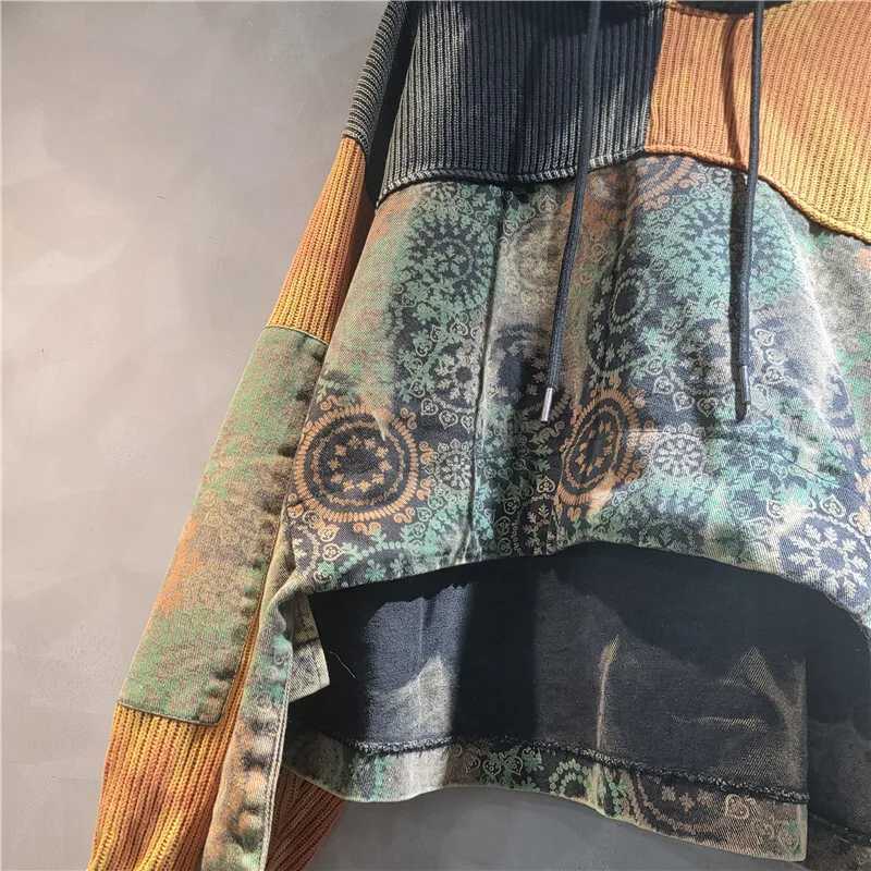 DEAT Women Hooded Pullover Patchwork Knitted Sweater Denim Printed Short Front Long Back Hoodie 2025 New Fashion Autumn 29A2289 L2510108ALU