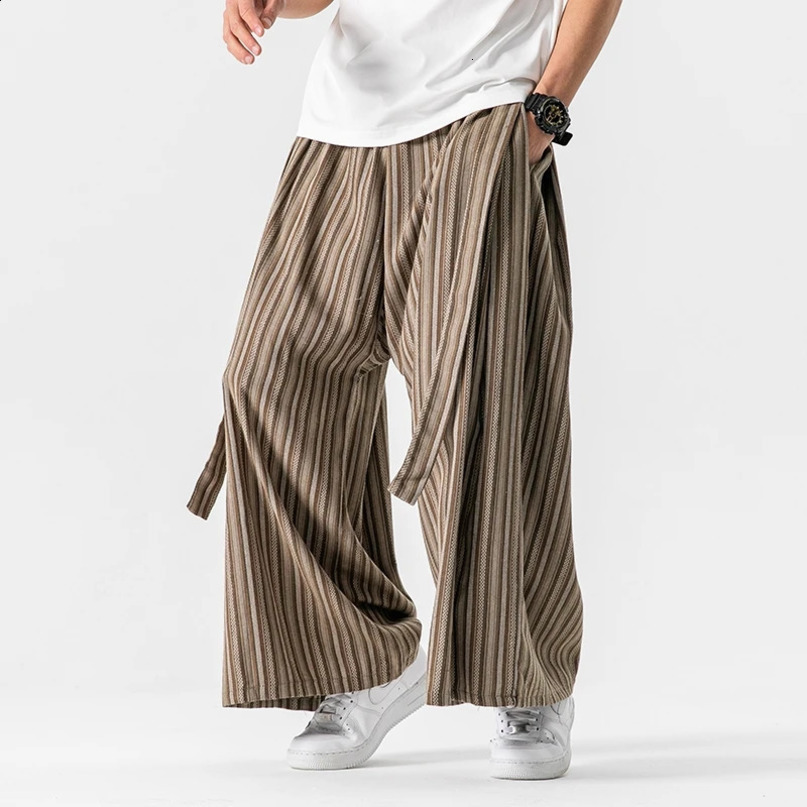 Striped wide leg pants mens Japanese style cotton linen retro fashion loose casual Nepalese robe Haori jogger Trouser 240827