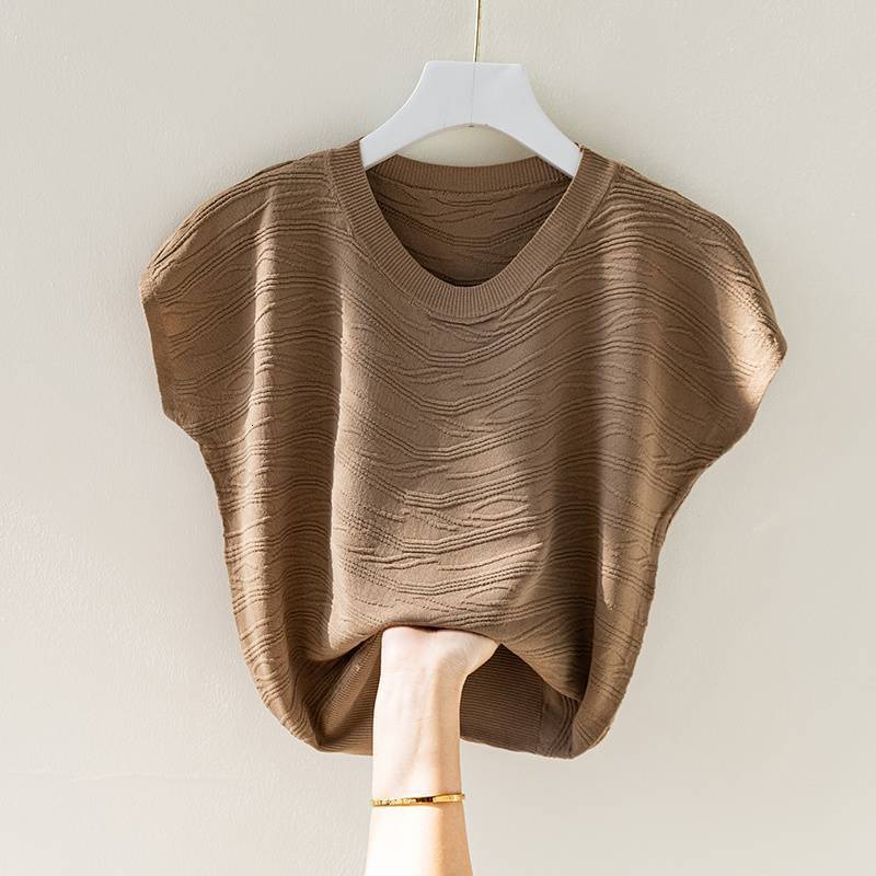 Loose Summer Round Neck Ice Silk Short Designer Shirt Sleeve Shirt For Designer Hoodie Women Stylish Textured Knitted Top In Camel Autumn Fragrance Yellow And Blue
