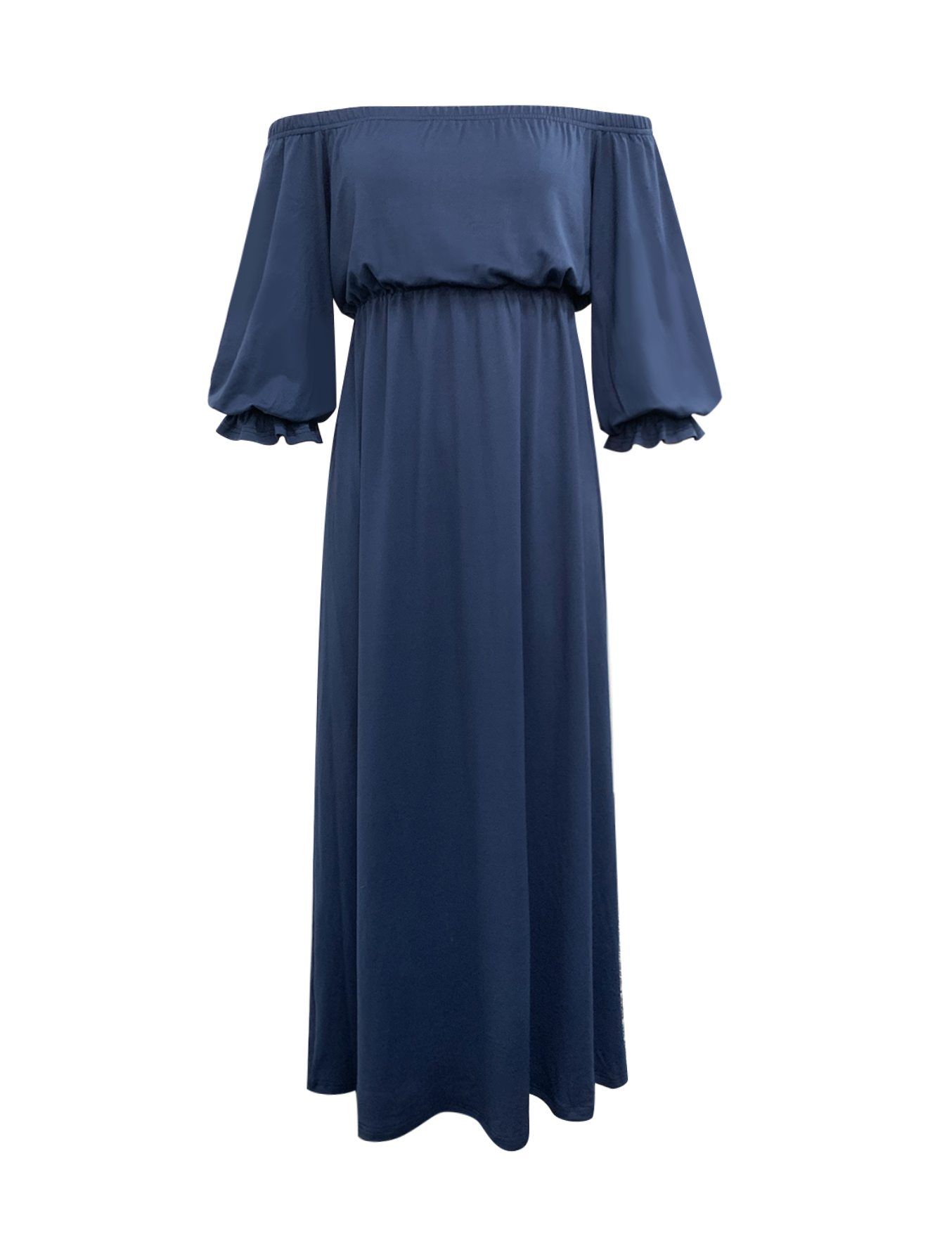 Women's New Fashion Solid Color Off - Shoulder Dress - Elegant & Casual Blue Midi Dress-CF52859