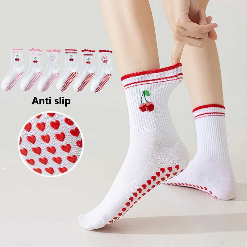 Embroidery Cherryes Yoga Pilates socks for women Nonslip floor sports Calf socks Fashion allmatch trend socksW251011