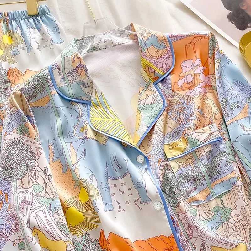 Womens Pajamas Sets Spring Autumn 2 Piece Animal Print Pyjama Faux Silk Satin Sleepwear Long Sleeve Pijama Mujer Pjs Homewear Y251010