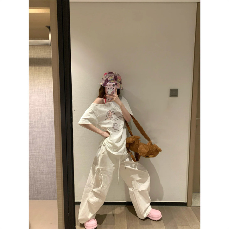 2025 New Korean Style Sweet Drawstring Off-shoulder White Designer Shirt Short Sleeve T-shirt For Designer Hoodie Women Summer Loose Unique Top