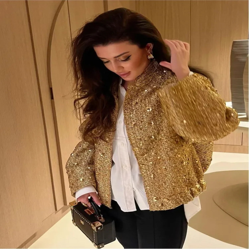 Chic Golden Sequin Zipper Jacket For Women Fashion Loose Round Neck Long Sleeved Coats Spring Female Party Club Shiny Outerwear 240715