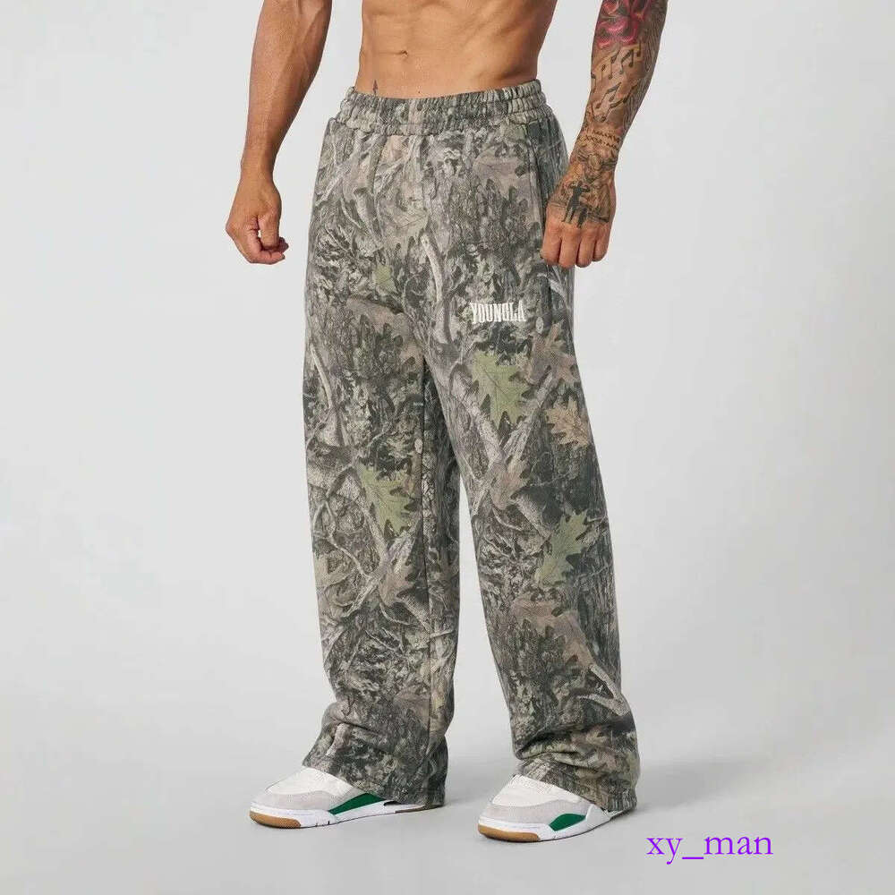 YOUNG LA New American Sports Fiess Running Training Cotton looped Printed Wide Leg Pants