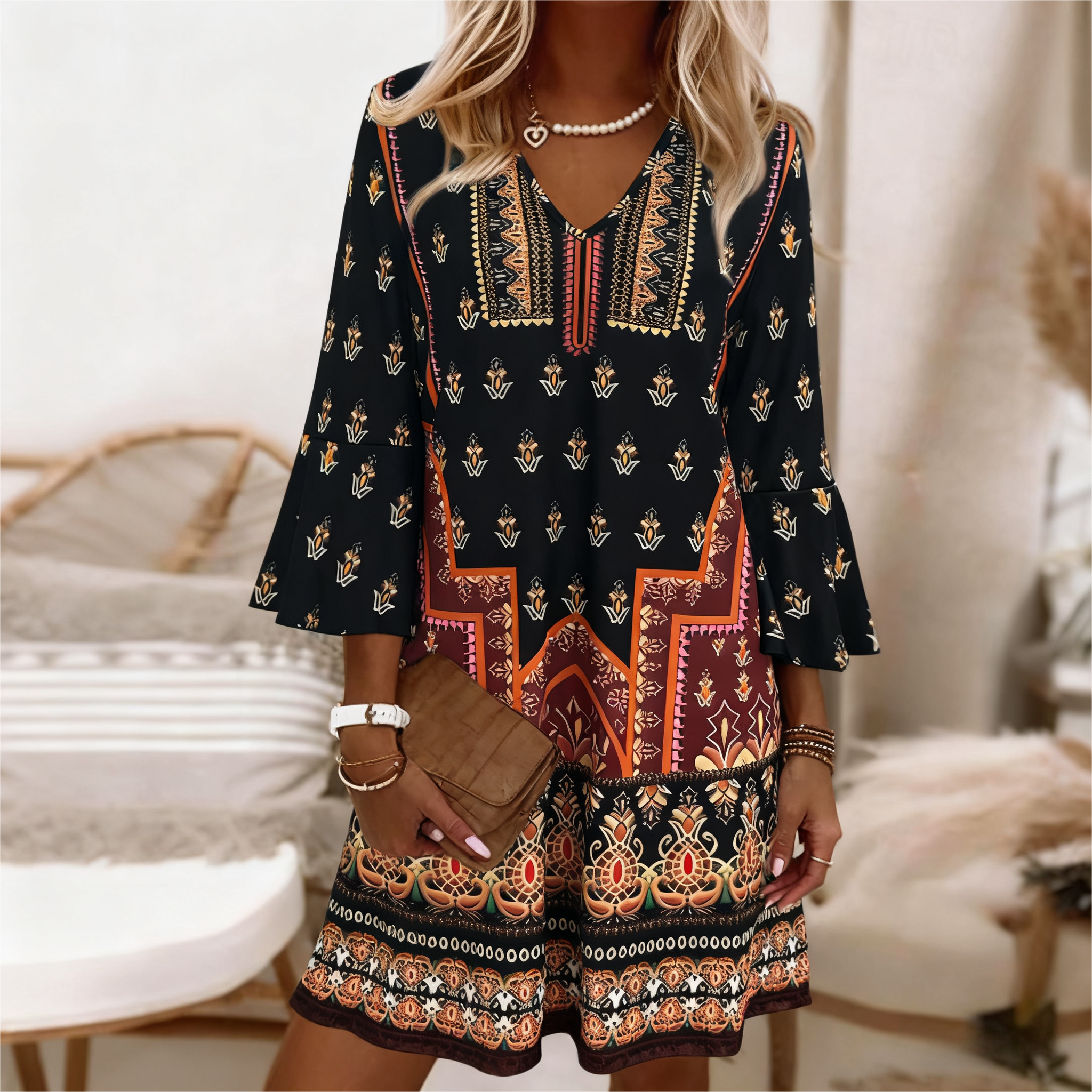 Women's Autumn New Ethnic - Style Printed Dress - Elegant & Casual Office - Wear Black Dress-CF53946