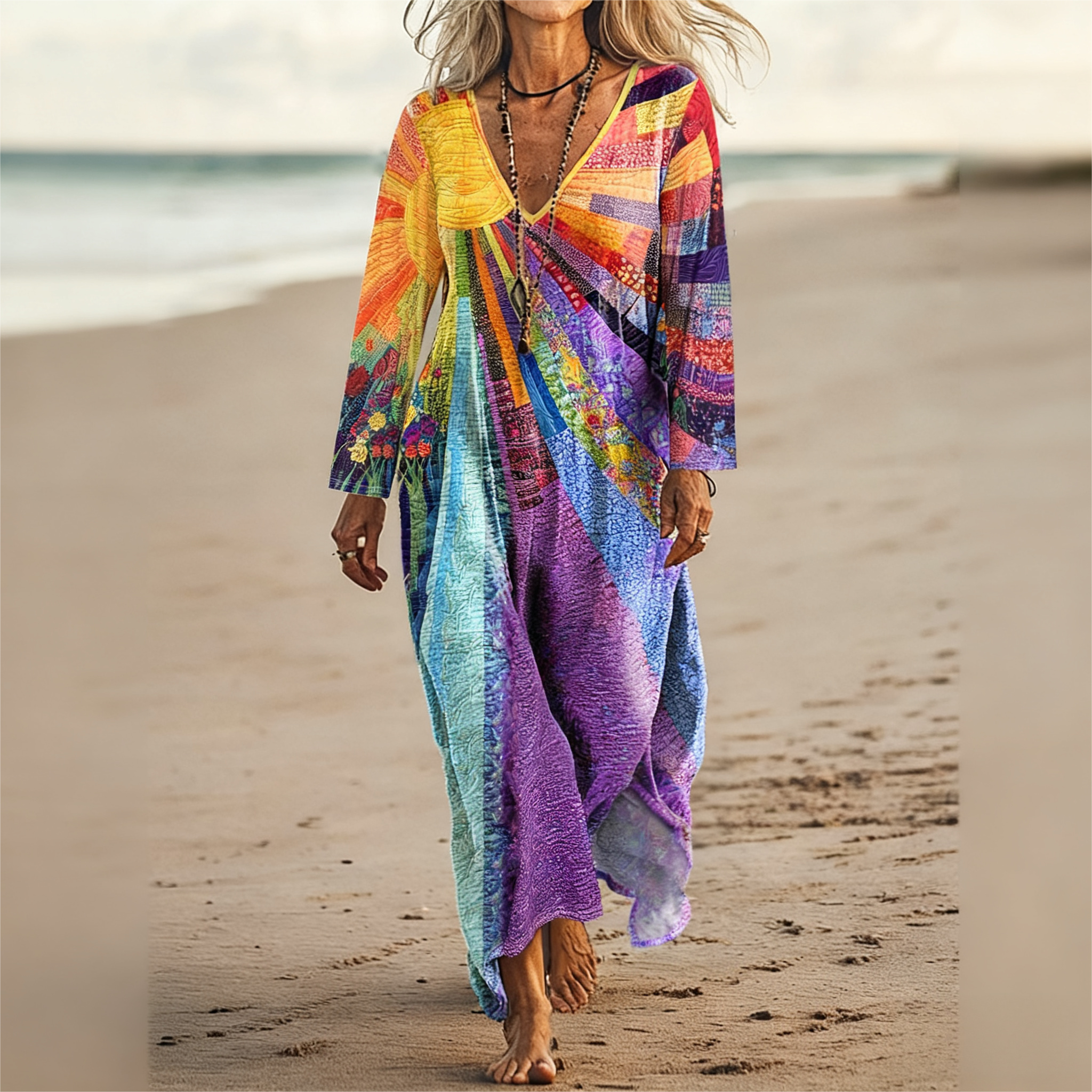 Women's Autumn New Vacation Plant - Printed V - Neck Maxi Dress - Elegant & Casual Mixed - Color Dress-CF50930