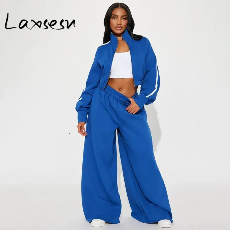 Laxsesu Blue Two Piece Pants Set Sports Womens Long Sleeve Zipper Jacket TopSide Striped Autumn 241008