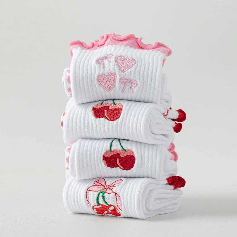 Embroidery Cherryes Yoga Pilates socks for women Nonslip floor sports Calf socks Fashion allmatch trend socksW251011