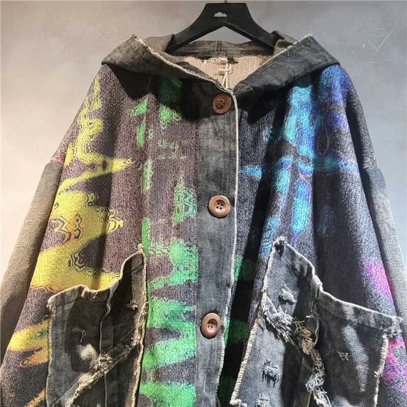 DEAT Womens Cardigan Wave Shaped Printing Patchwork Nim Loose Long Slve Knitted Sweaters 2025 New Autumn Fashion 29A3008 L251010NA66