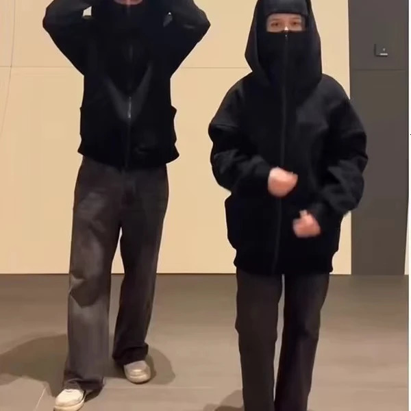 Hip Hop Double Hat Zipper Hoodies Balaclava Clean Fit Winter Warm Casual Sweatshirt Men Women Y2K Goth Streetwear Thick Jacket 251017CJ