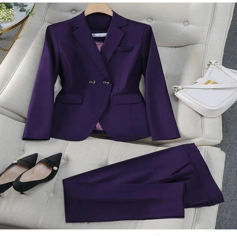 AutumnWinter Black Grey Purple Elegant Double Chest Sports Jacket Top and Womens High Waist Pants Two Piece Set 241115
