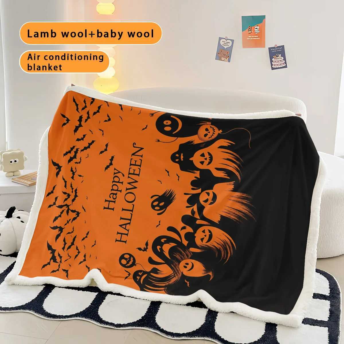 1pc Halloween Ghost Print Imitation Lamb Fleece Blanket Multi Size Living Room Nap Leisure Blanket Comfortable Machine Washable C251011