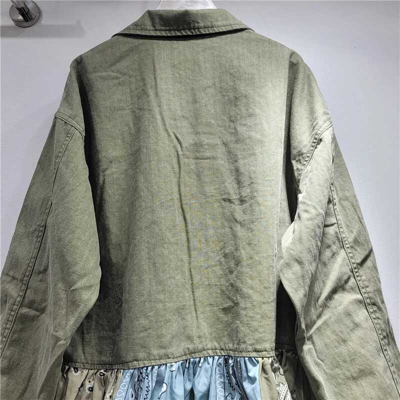 DEAT Womens Denim Coat Patchwork Printed Design Big Pockets Single Breasted Loose Jackets 2025 Autumn New Fashion 29A3449 L251010O8B0