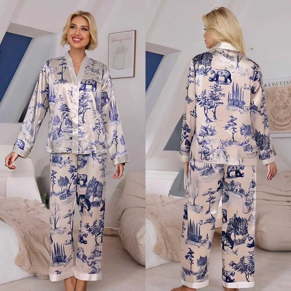 New Women Pajamas Set Sleepwear Sexy Print Leopard Long Sleeve Cardigan Trouser Pijamas Suit Spring Satin Home Wear Loungewear Y251010