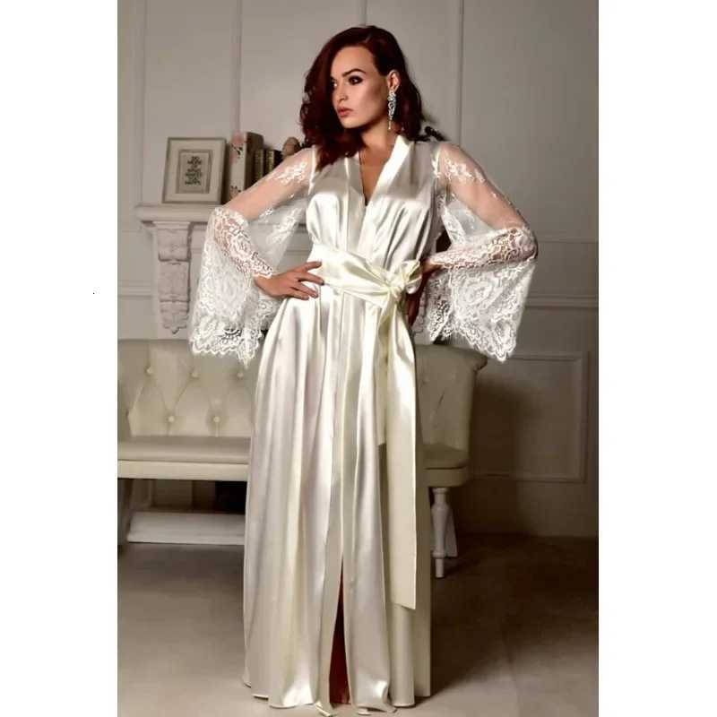 Sexy Nighties Lingerie Plus Size Pajamas Gown Imitation Ice Silk Lace Long Sleeve Womens Pajamas Panty Belt Set Sexy Goods Y251010