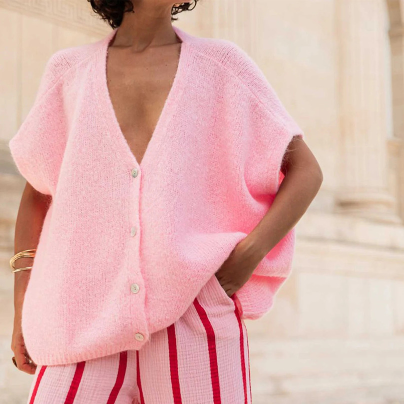 Combhasaki Womens Y2K Basic Loose Fit Short Sleeve Knitwear Cardigan Solid Color Button Down Deep VNeck Lightweight Sweaters 250612