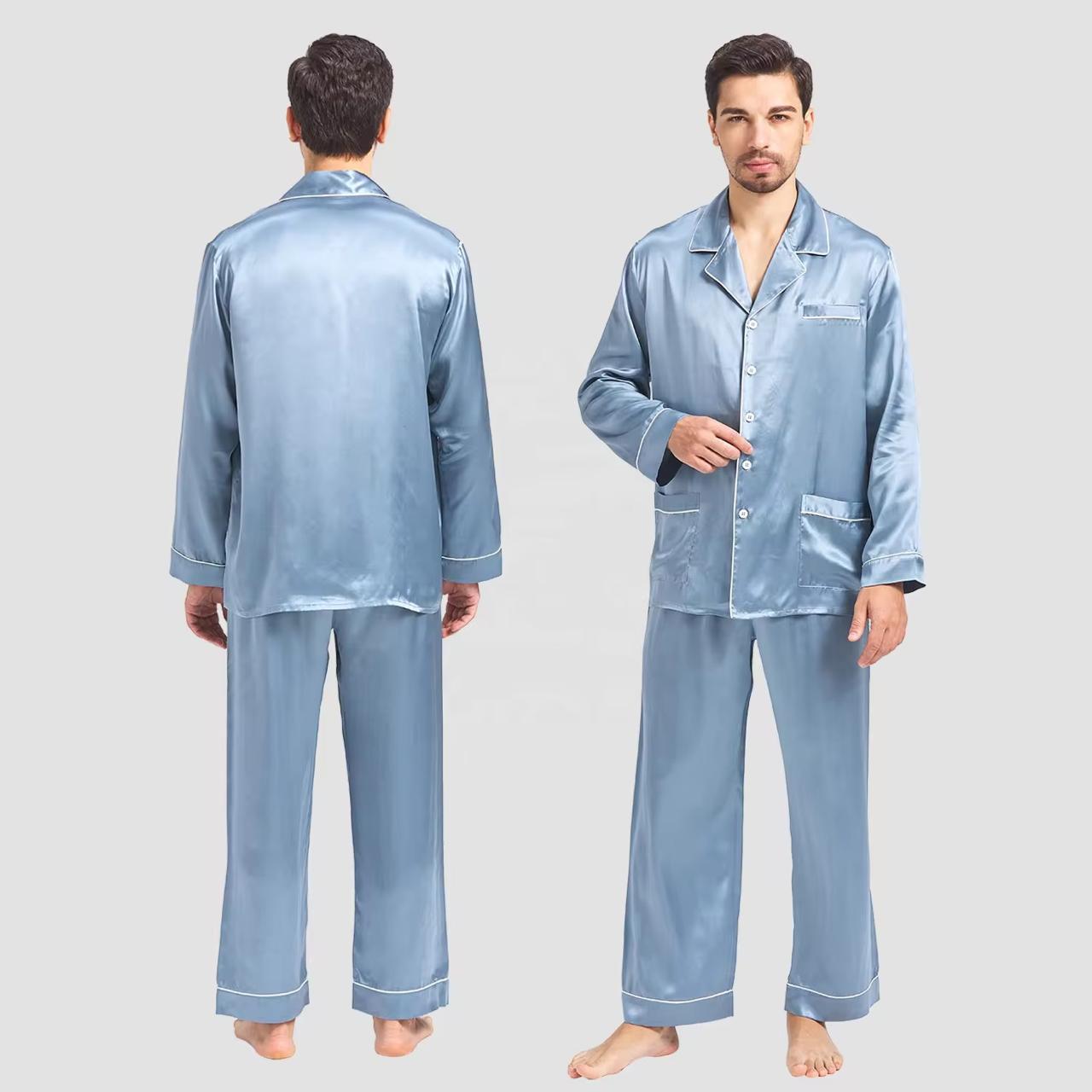 Luxury Satin Silk Men's Pajama Set Pants Top 2pcs Adult Pajamas Long Sleeve Solid Satin Men's Pajamas