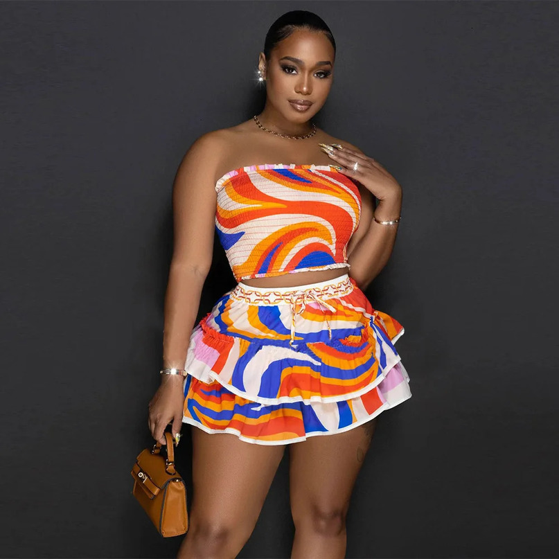 Sexy Women Two Pieces Set Printed Sleeveless Backless Breast Wrap Top and Pleated Mini Skirt Club Party Outfits 240329