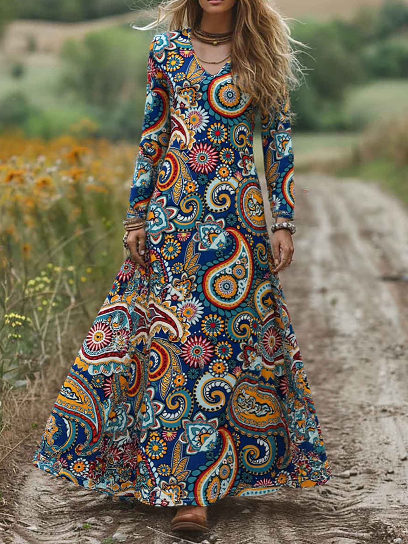 Women's Autumn Winter Fashion Paisley Print Maxi Dress - Casual Versatile Floral Dress-CF51073
