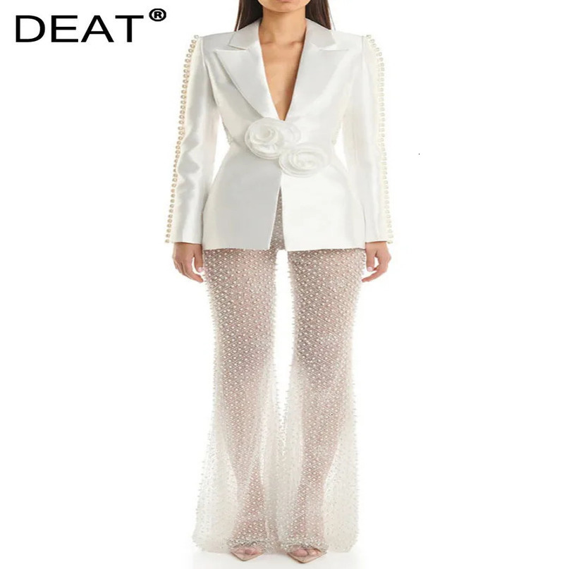 DEAT Fashion Womens Jacket Slotted Hollow Back Neck Long Sleeve 3D Flower Pearl sequin Mesh Pants Spring Style 7AB3522 241115