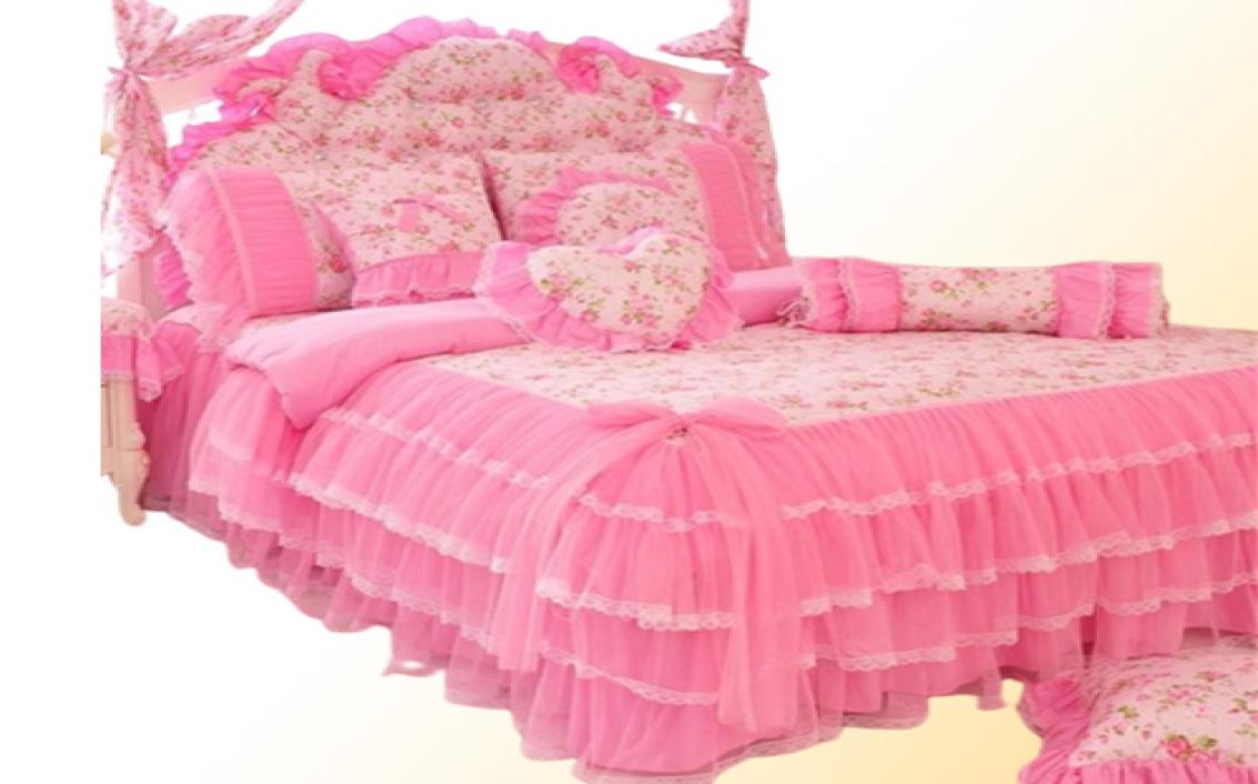 Korean style pink Lace bedspread bedding set king queen 4pcs princess duvet cover bed skirts bedclothes cotton home textile 2012099007959