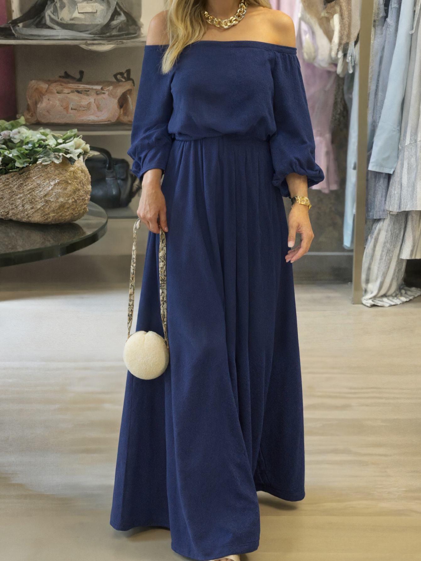 Women's New Fashion Solid Color Off - Shoulder Dress - Elegant & Casual Blue Midi Dress-CF52859