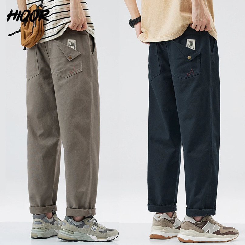 HIQOR mens cargo pants Pantalons casual straight Trouser unique pocket embroidery 98% pure cotton luggage 241115