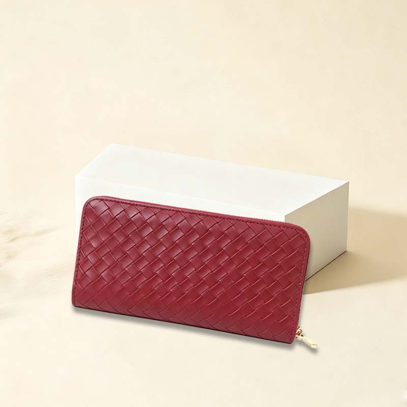 Wallets Women's Burgundy Woven Long Zip Wallet - Chic Wristlet Clutch with Metal Hook, Large Capacity Purse for Daily & Travel DSL
