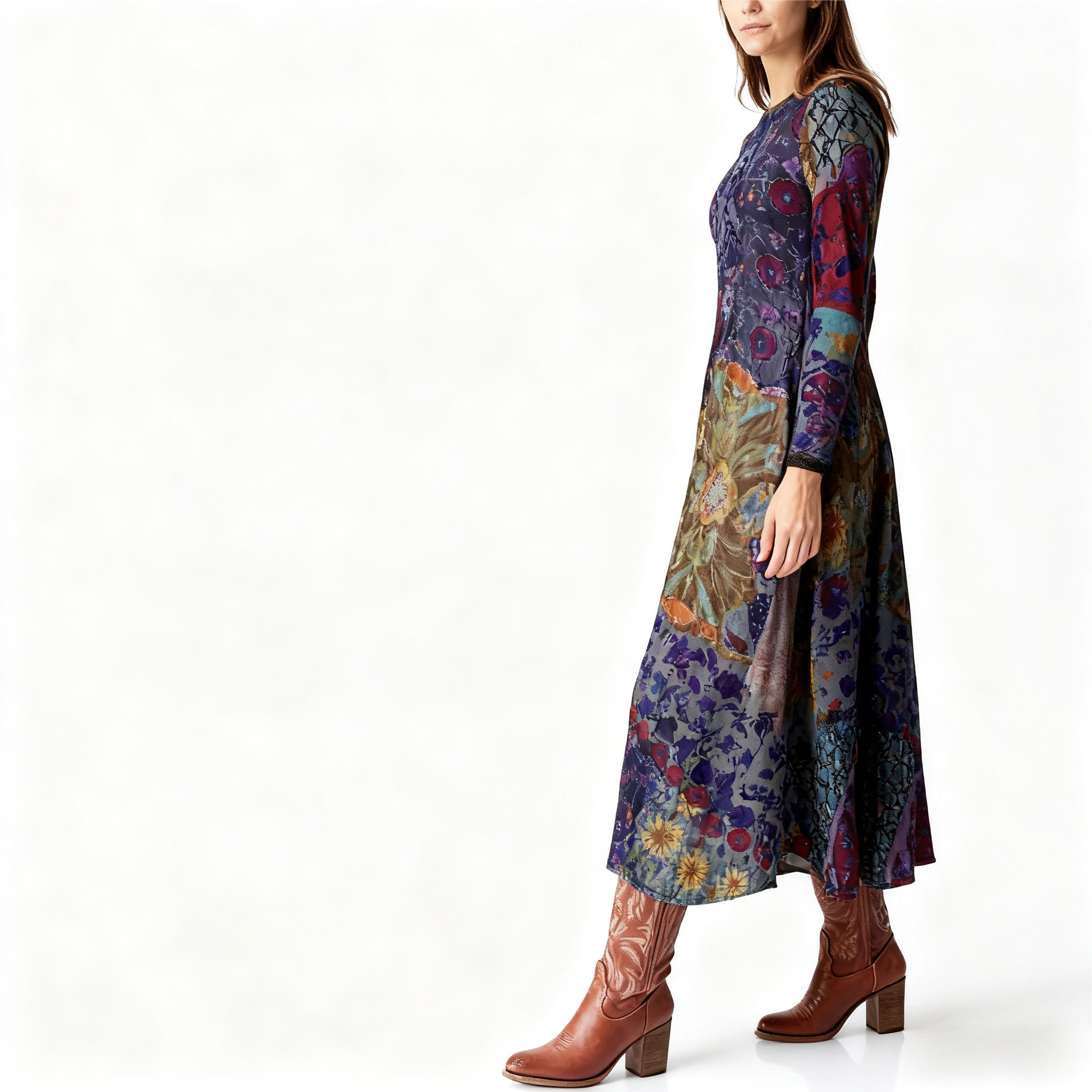 Women's Autumn Winter New Floral Patchwork Maxi Dress - Vintage & Casual Mixed - Color Dress-CF43251