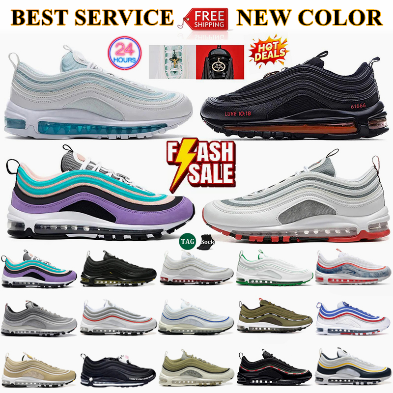 2025 Designer 97 97s Sports Shoes Trainers Jesus Satan Futura Triple silver Cream Olive Volt green Crucifix Bred Sail Aurora Gym Mens Women Running Sneakers